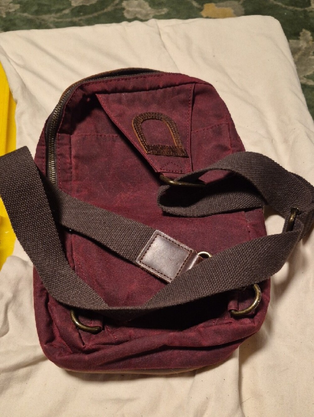 Burgundy Canvas Sling Bag with Brown Leather Trim - Picture 2 of 8